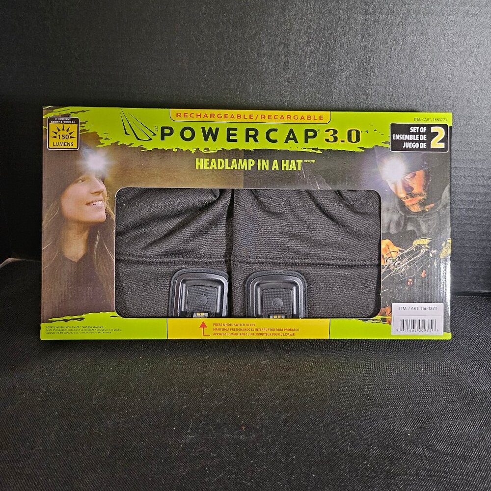Powercap Headlamp In A Hat Black 150 Lumens Set of 2 Built In LED Rechargeable